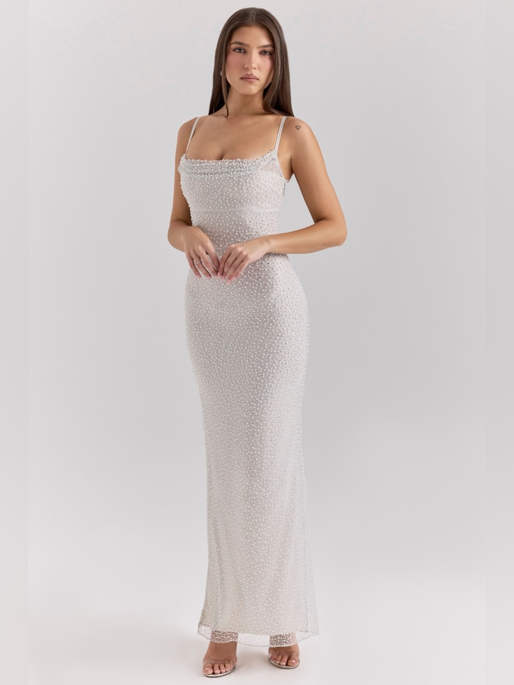House of CB CALLA Silver Pearl Embellished Maxi Dress NWOT